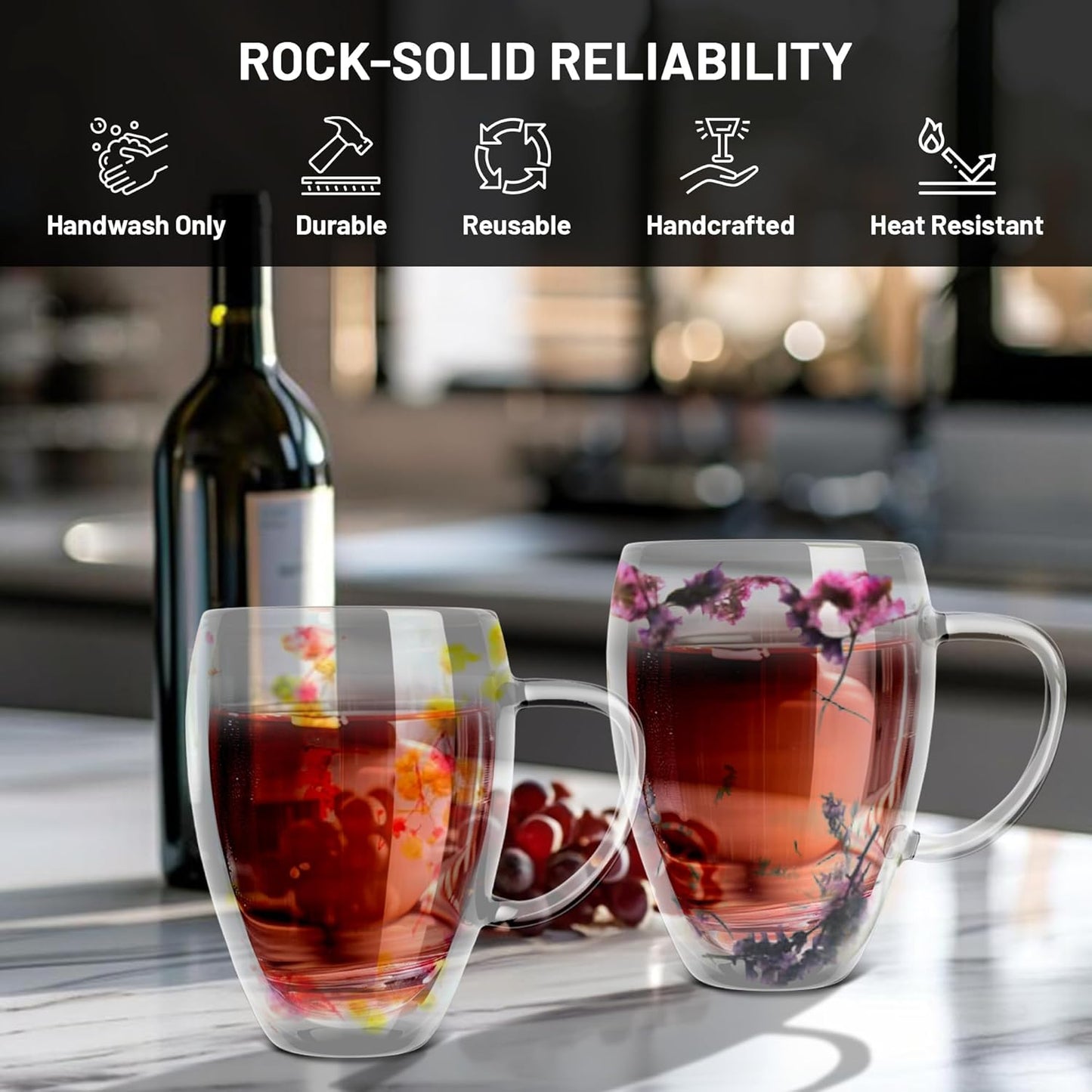 Gusto Buono 11oz Borosilicate Double Glass Mug, 2x Pink White and 2x Purple Dried Flowers, Set of 4, Designed in Italy