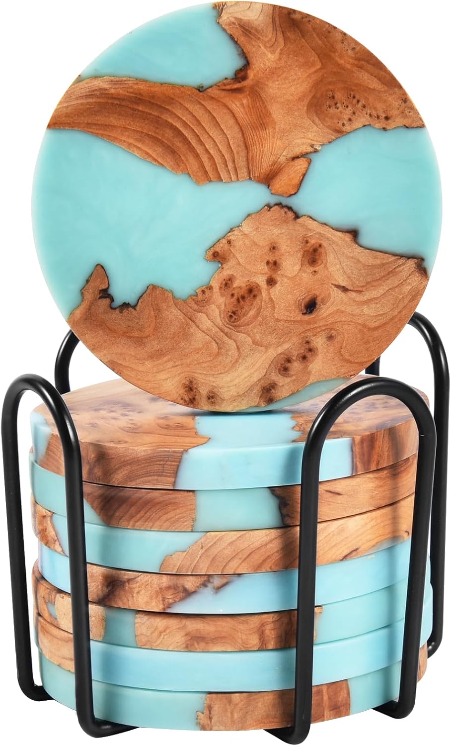 Drink Coaster Set, Wooden Absorbent Coasters, Epoxy Resin Coaster for Coffee Table, Tabletop Protection Decor, Modern Coasters Set of 8 with Holder