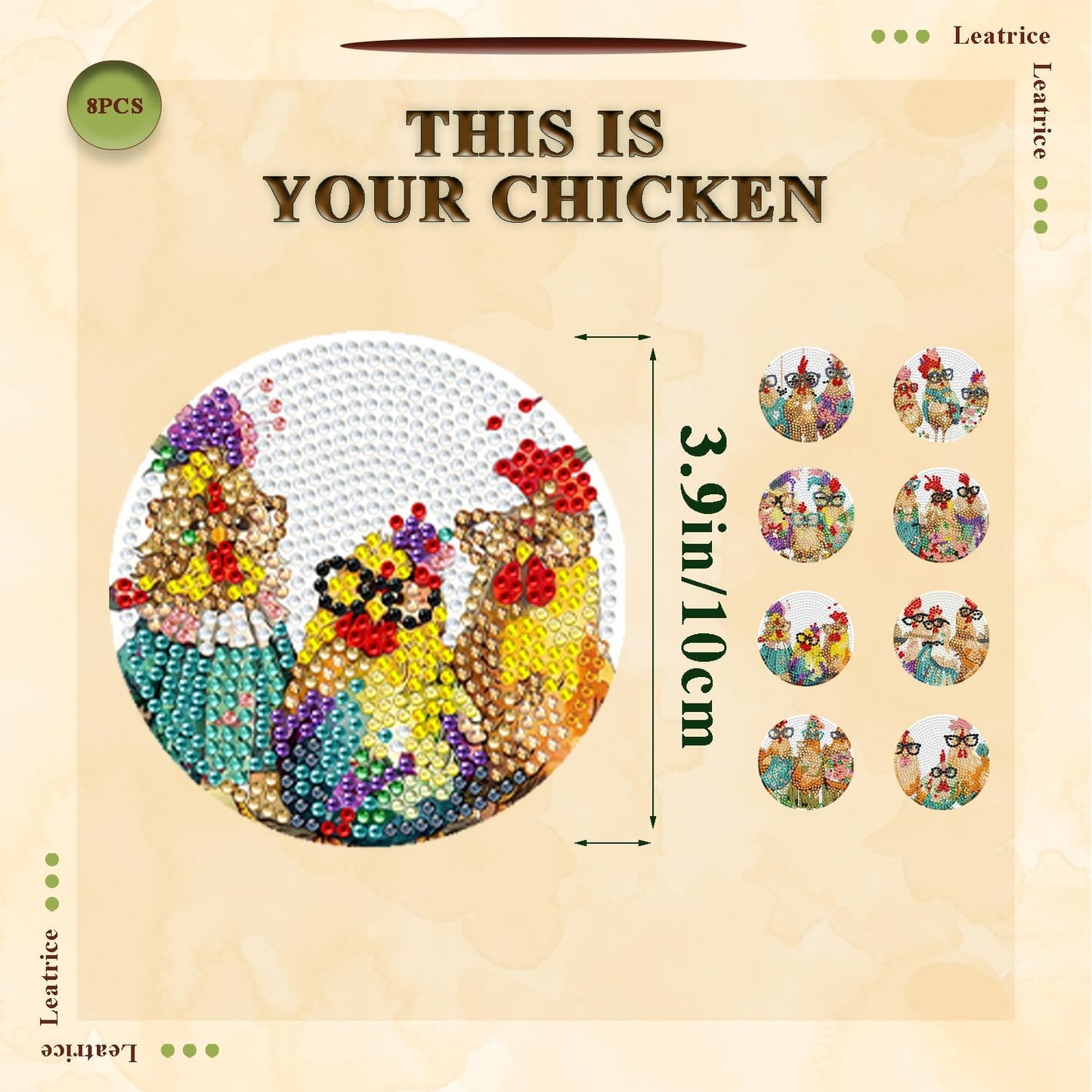 Leatrice 8PCS Chicken Diamond Art Coasters Small Diamond Painting Kits for Adults Diamond Dots Round Full Drill Diamond Coasters with Holder Easy Art Crafts for Beginners Kitchen Decro