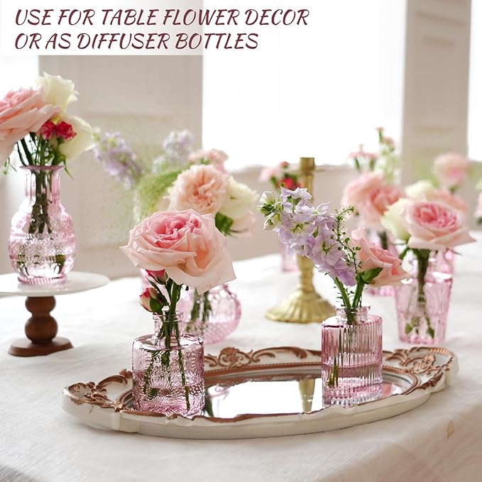 Pink Glass Bud Vase Set of 22, Small Vases for Flowers, Clear Glass Vases for Centerpieces, Mini Bud Vases in Bulk Rustic Wedding Decorations, Centerpieces, Vintage Look Home Table Flower Decor