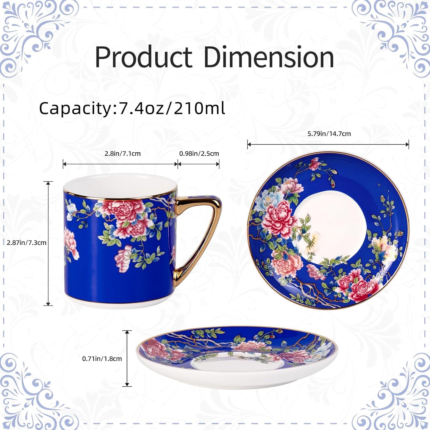 KAMMAK Tea Cups and Saucers Set of 2, Porcelain Coffee Cups with Saucer for Espresso, Cappuccino, 7.5oz Vintage Red and Blue Ceramic Demitasse Mug for Home, Tea Party, Office