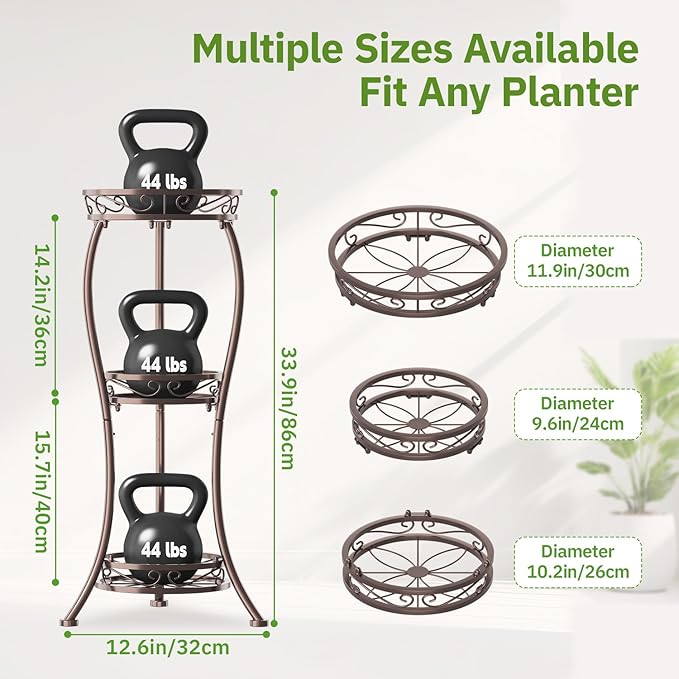 KMOTASUO 3 Tier Tall Plant Stand Indoor Outdoor for Large Planter, Multiple Level Flower Holder Organizer Rack for Patio Office Bathroom Corner, Sturdy Heavy Duty Metal, Vertical Display, Bronze