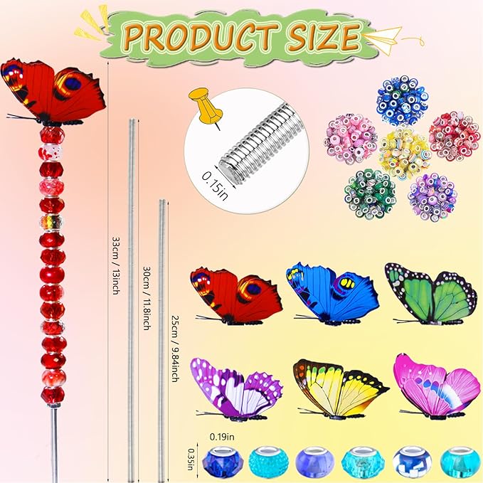 145 PCS Beaded Garden Stakes Kit, DIY Fairy Wand Garden Stake Beads Kits with Assortment Large Hole Beads 6 Colored Random Style Butterfly Tops and Threaded Rods for Outdoor Indoor Decor