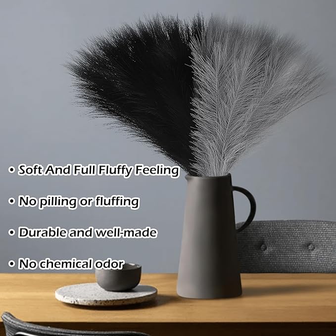 60 Pcs Pampas Grass Black and Light Grey Decor 21.7" Fluffy Faux Short Pampas Grass Artificial Small Pompas Grass Flower Vase Filler for Home Wedding Decoration