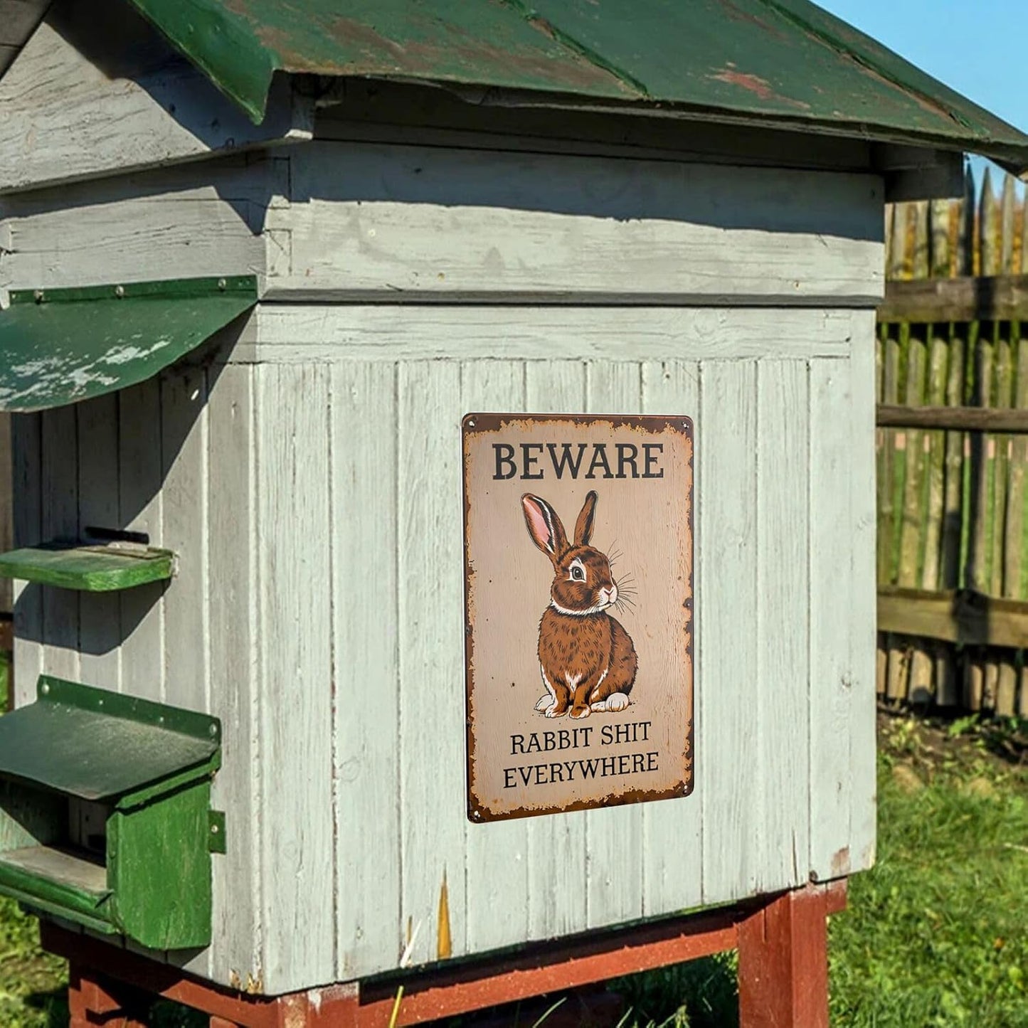 Funny Metal Tin Sign Rabbit Beware Rabbit Shit Everywhere Shop Farm Cafe Garage Home Decor Outdoor Indoor Wall Panel Retro Vintage Poster 8x12 Inch