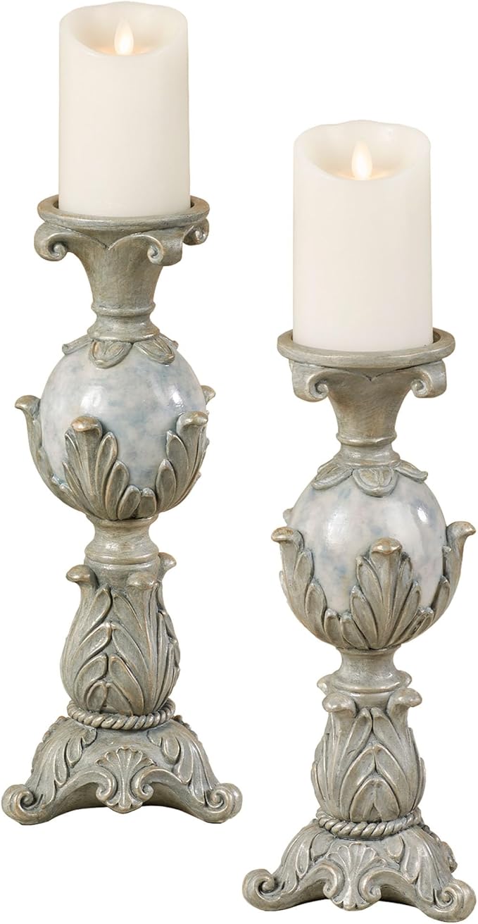Touch of Class Lionna Candleholder Set of Two - Resin - Blue, Gray, Gold - Candlesticks for Bedroom, Living Room, Dining Room, Mantel, Office, Hallway, Entryway, Foyer - Pillar Holders