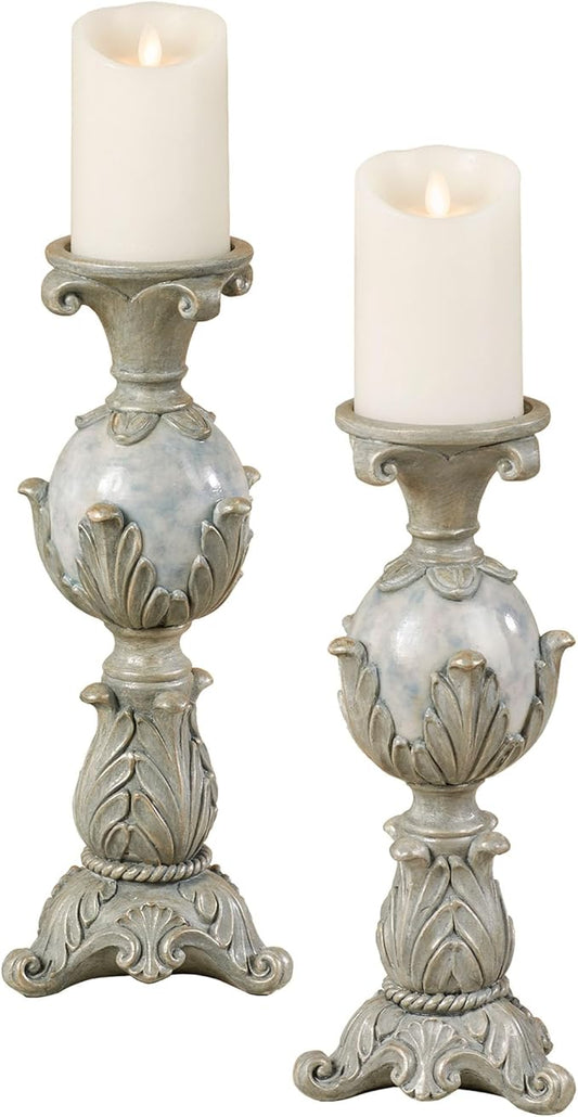 Touch of Class Lionna Candleholder Set of Two - Resin - Blue, Gray, Gold - Candlesticks for Bedroom, Living Room, Dining Room, Mantel, Office, Hallway, Entryway, Foyer - Pillar Holders