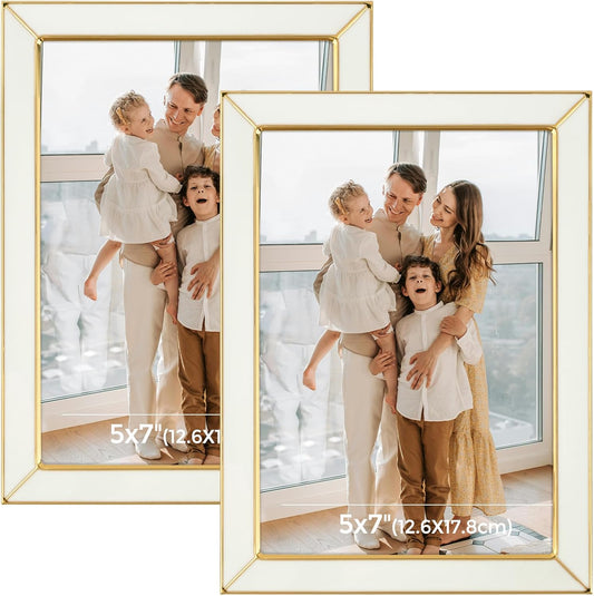 Frametory Enamel Picture Frame - 5x7 Gold Metal Edge White Enamel Picture Frame With Easel and Velvet Back for Tabletop Display, Bookshelf, 5x7 Wall Decoration, Photo Frames-2 Set