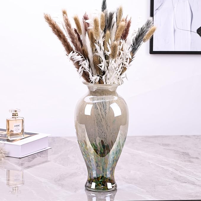 11.8" Tall Blown Green Glass Vase, Colorful Opaque Glass Vase, Unique Design Wide Mouth Art Decoration for Home, Living Room, Dining Table, Pampas Grass Decor (Green)