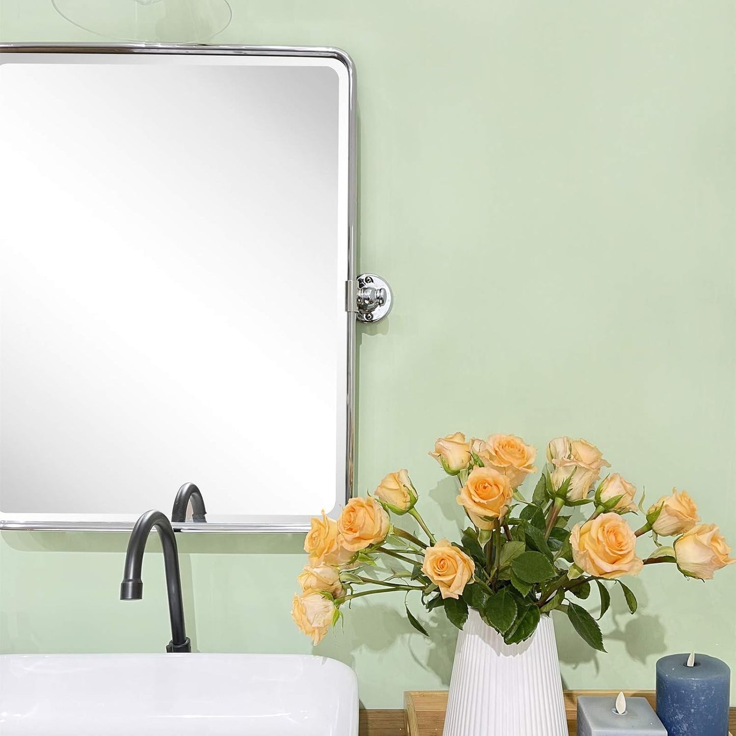 Farmhouse Chrome Metal Framed Pivot Rectangle Bathroom Mirror Rounded Rectangluar Tilting Beveled Vanity Mirrors for Wall, Overall 22.91 x 24 inches (Mirrror 19 x 24 inches)