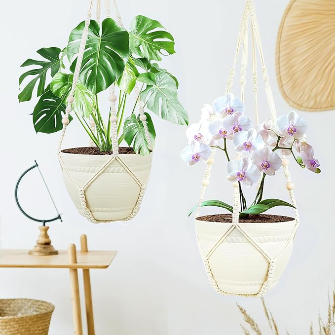 FGSAEOR Macrame Plant Holder Indoor Outdoor, Hanging 3-15 inch Pot, Bearing 20lb Planters, DIY Handmade Hanging Planter Basket, 35-Inch Extra Long Strong Boho Home Décor (2-Pack) (Ivory)