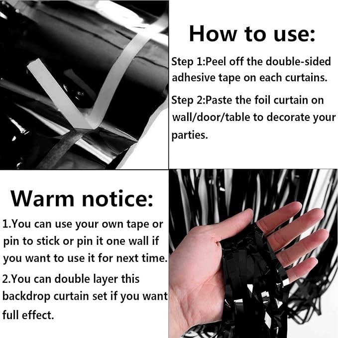 4 Pack Black Foil Fringe Curtain Backdrop, 3.28Ftx9.84Ft Metallic Tinsel Foil Fringe Streamers Curtains for Party, Photo Booth Props, Birthday, 2022 Graduation Decoration Supplies