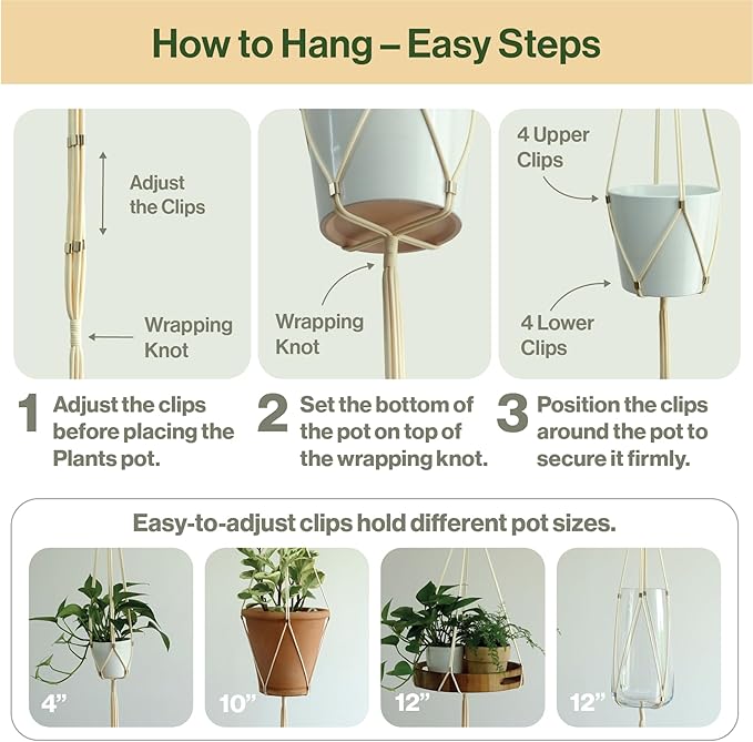 Macrame Plant Hanger Polyester Rope 42 Inch Outdoor Indoor Adjustable Hanging Planter for up to 10 Inch Plant Pot Modern Boho Home Decor (1, Ivory/Light Gold)