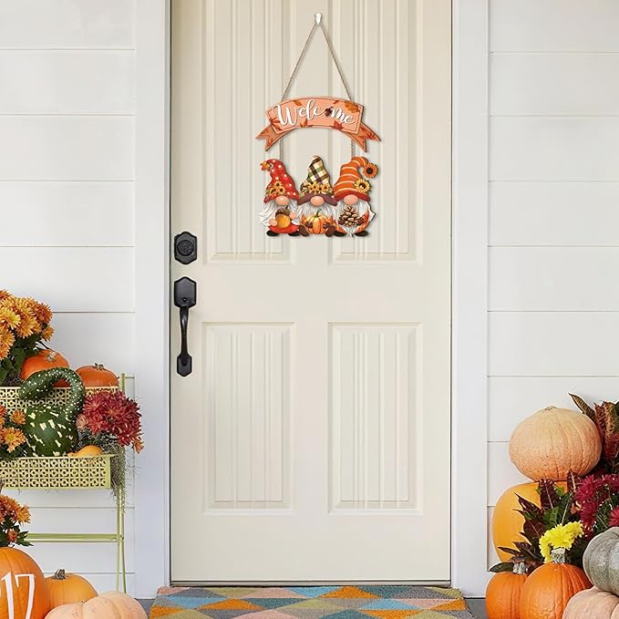 Fall Welcome Door Sign,Autumn Gnome Welcome Sign,Fall Gnome Sign,Thanksgiving Wooden Front Door Sign,Fall Pumpkin Wall Plaque,Rustic Sunflower Wall Sign for Farmhouse Porch Outdoor Home Garden