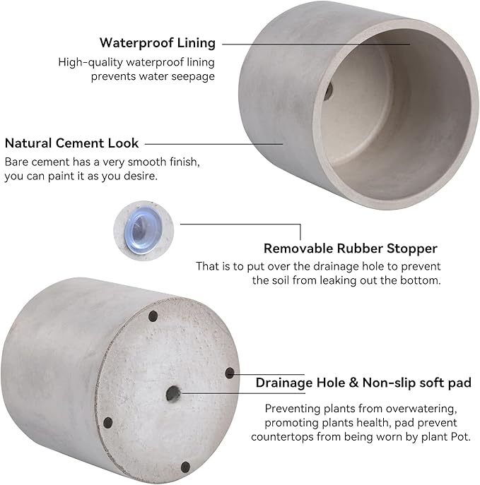 Ekirlin 3.5 inch Plant Pot Indoor, Grey Cement Flower Planters for Home Decor, Modern Succulents Containers with Drain Hole, Removable Rubber Stopper, Non-Slip Soft Pad, for Most Plants and Flowers