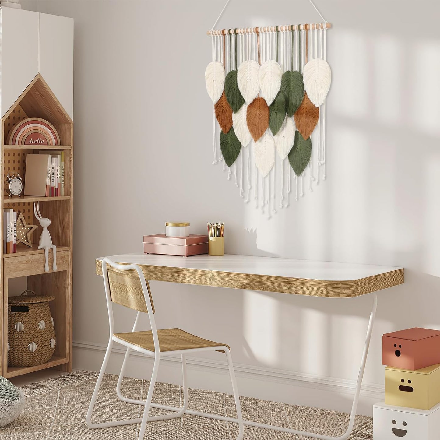 KHOYIME Macrame Wall Hanging Boho Woven Tapestry, Chic Home Decor Modern Bohemian Handmade Leaf Feather Wall Art Decorations for Apartment Dorm Living Room Bedroom Nursery Backdrop 23.6" W X 29.5" L