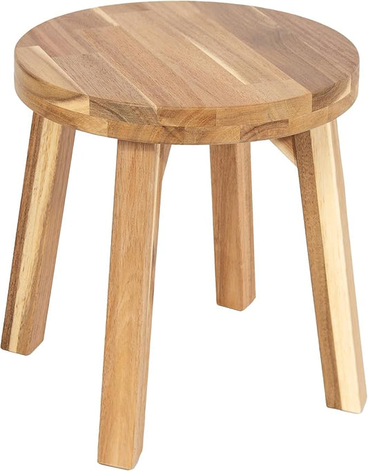 Round Stool Acacia Wood, 12" Height, 11" Round Top, Backless, Easy Assembly, Natural Wax Finish, Wooden Stool for Plant, Dining Room, Living Room, Garden, Makeup