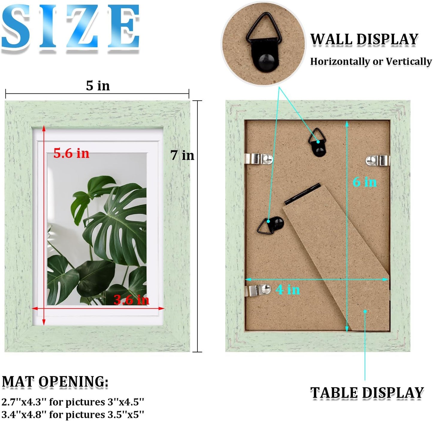 Egofine 4x6 Picture Frames Set of 4, Made of Solid Wood Covered by Plexiglass 3.5x5 with Mat or 4x6 without Mat, for Table Top Display and Wall Mounting Photo Frame Rustic Green