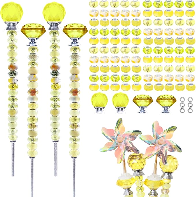101 PCS Beaded Garden Stakes Kit, DIY Fairy Wand Garden Stake Beads Kits with Yellow Large Hole Beads 4 Crystal Stopper Top Threaded Rods and 2 Colored Small Windmills for Outdoor Indoor Decor