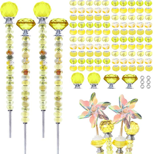 101 PCS Beaded Garden Stakes Kit, DIY Fairy Wand Garden Stake Beads Kits with Yellow Large Hole Beads 4 Crystal Stopper Top Threaded Rods and 2 Colored Small Windmills for Outdoor Indoor Decor
