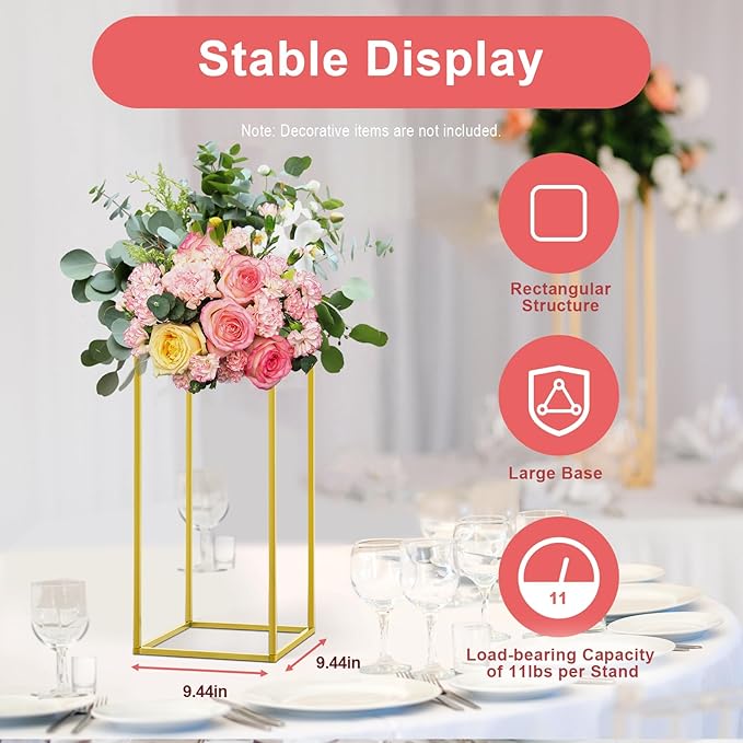 10 Pcs Metal Flower Stand for Wedding Centerpieces Stand Column Vases Wedding Flower Stand Rectangular Geometric Gold Centerpieces Stands for Wedding Decorations Home Party Event (10Pcs 23.62inch)