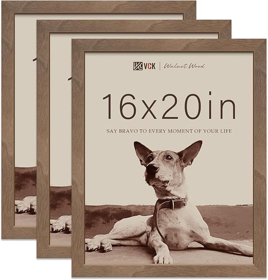 VCK 16x20 Picture Frames for Wall - Brown Walnut 3 Pack, Natural Textured Solid Wood Poster Frame