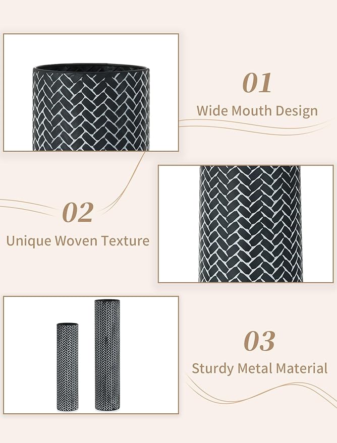 Sziqiqi Black Tall Floor Vase: 27.6/21.7in Metal Modern Cylinder Floor Vases - Woven Texture Extra Large Decorative Vase Set of 2 Home Decor for Living Room Bedroom Home Corner Indoor Office
