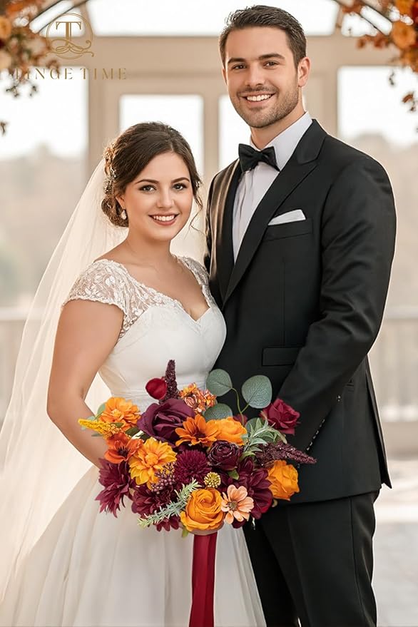 TINGE TIME Silk Fake Flowers Combo, Fake Foam Dahlia with Stems for DIY Wedding Bouquets Centerpieces Baby Shower Party Home Decorations(Burgundy & Burnt Orange)