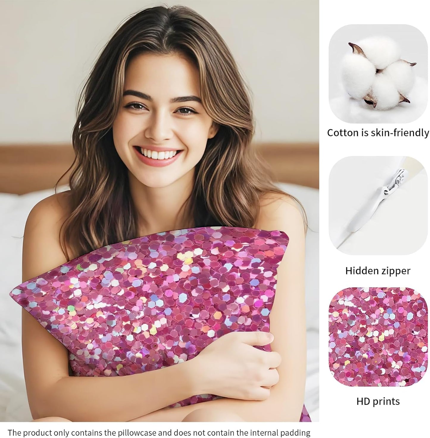 Decorative Throw Pillow Covers 18x18 Inch, Cute Home Decor for Living Room Outdoor Funny Pillowcase Polyester Cushion Case Pink Glitter