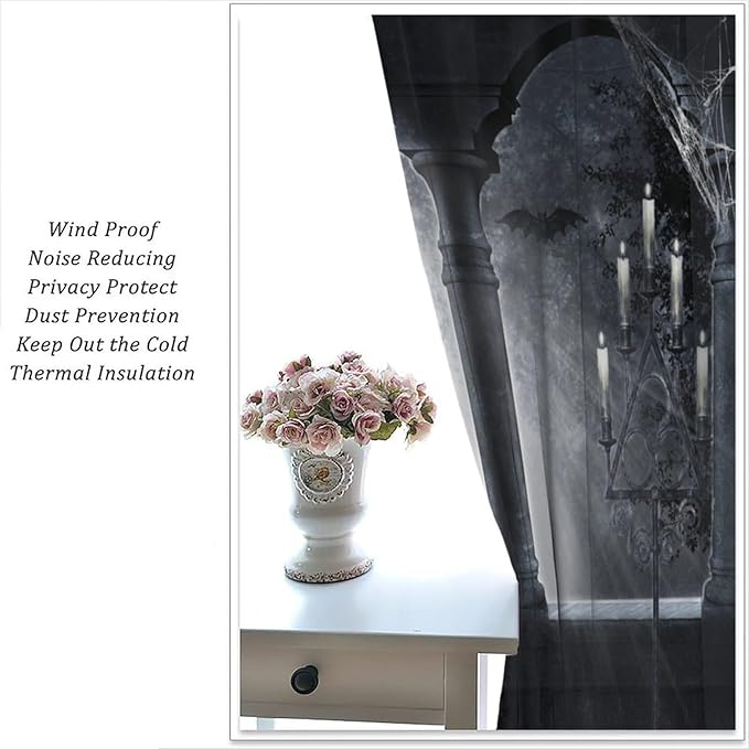 Halloween Blackout Curtains，Candle Skull in Weird Dark Scary Balcony Under Bright Moonlight Pattern Drapes Window 2 Panel Rod Pocket Curtain for Bedroom Living Room Decor 21" W X 45" L
