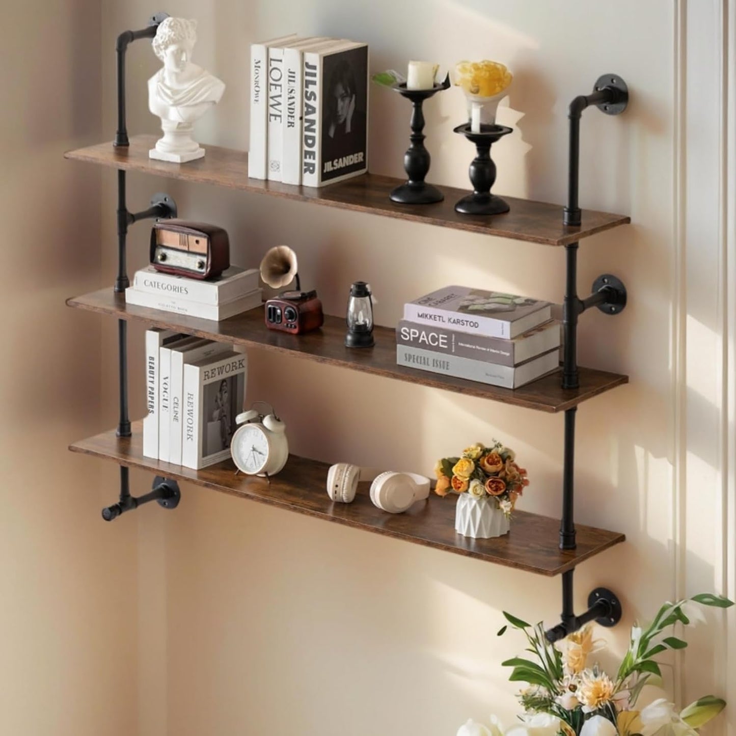 Industrial Pipe Shelving 48inch Wall Mounted, Rustic Floating Shelves with Wood Shelf, 3 Tier Farmhouse Bathroom Shelves Over Toilet, Industrial Pipe Shelf for Kitchen, Living Room Decor