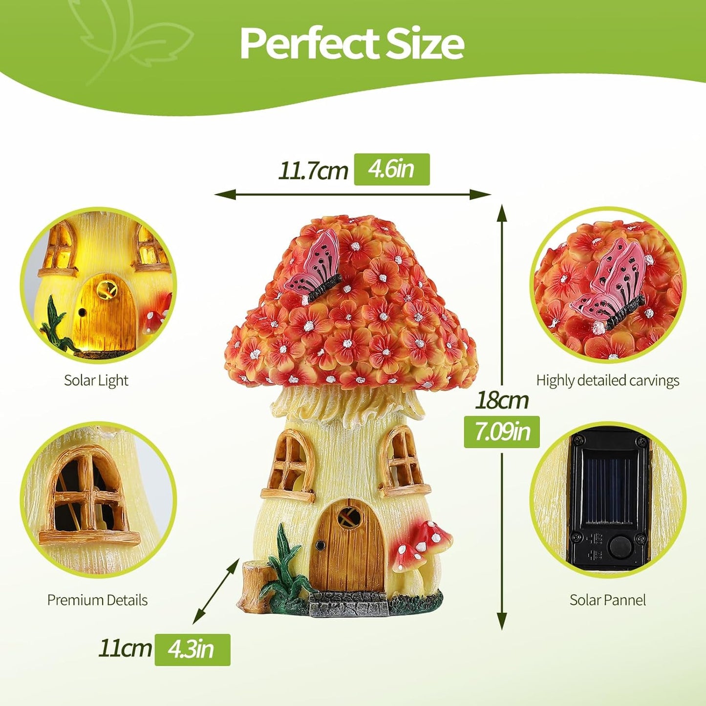 Fairy Garden House Mushroom with Solar LED Light - Resin Fairy Garden Accessories, Waterproof Outdoor Light Statue Tiny House, Perfect for Lawn, Balcony, Yard Decor, 7" H