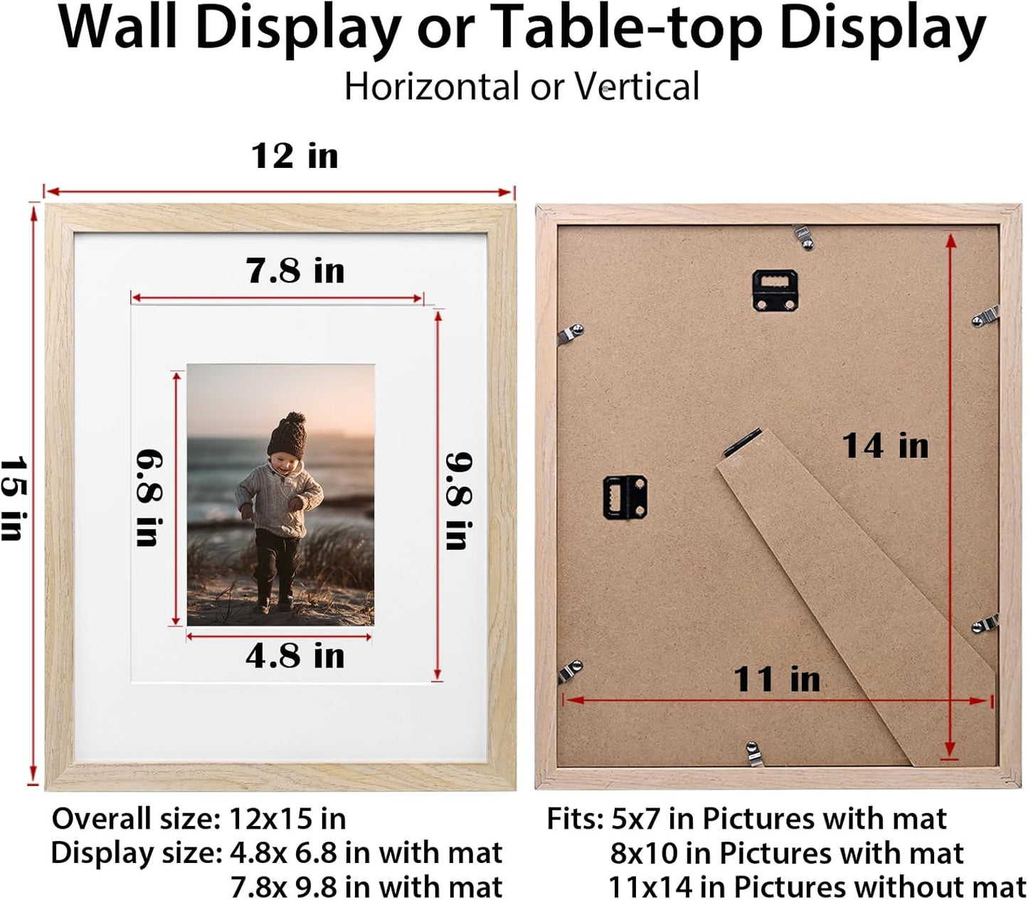 KINLINK 11x14 Picture Frame Natural, Solid Wood Frames 14x11 with Acrylic Plexiglass for Pictures 5x7/8x10 with Mat or 11x14 without Mat, Tabletop and Wall Display Photo Frame Set of 4