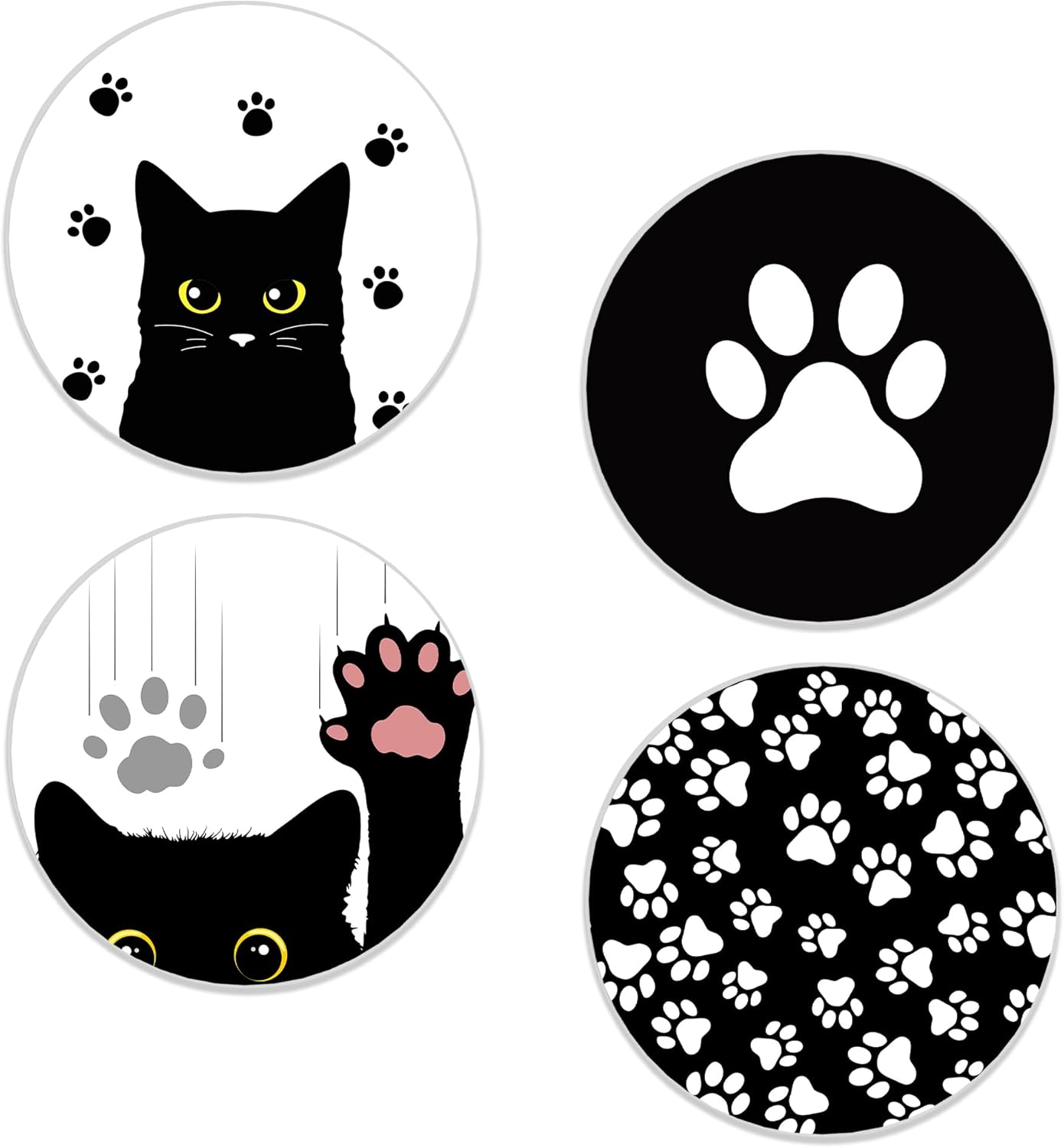 Drinks Coasters Set of 4, Black Cat Round 4" Cup Coasters, Absorbent Ceramic Stone Coasters with Cork Base, Cute Coasters for Table Home Décor, Ideal Gifts for Women Men