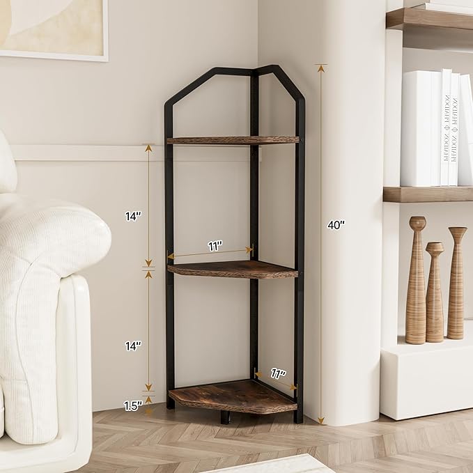 Fun Memories 3 Tier Corner Shelf, 40” Corner Shelf Stand, Corner Bookshelf Plant Stand, Storage Shelf for Bathroom, Living Room, Kitchen,Grey Home Office, Brown