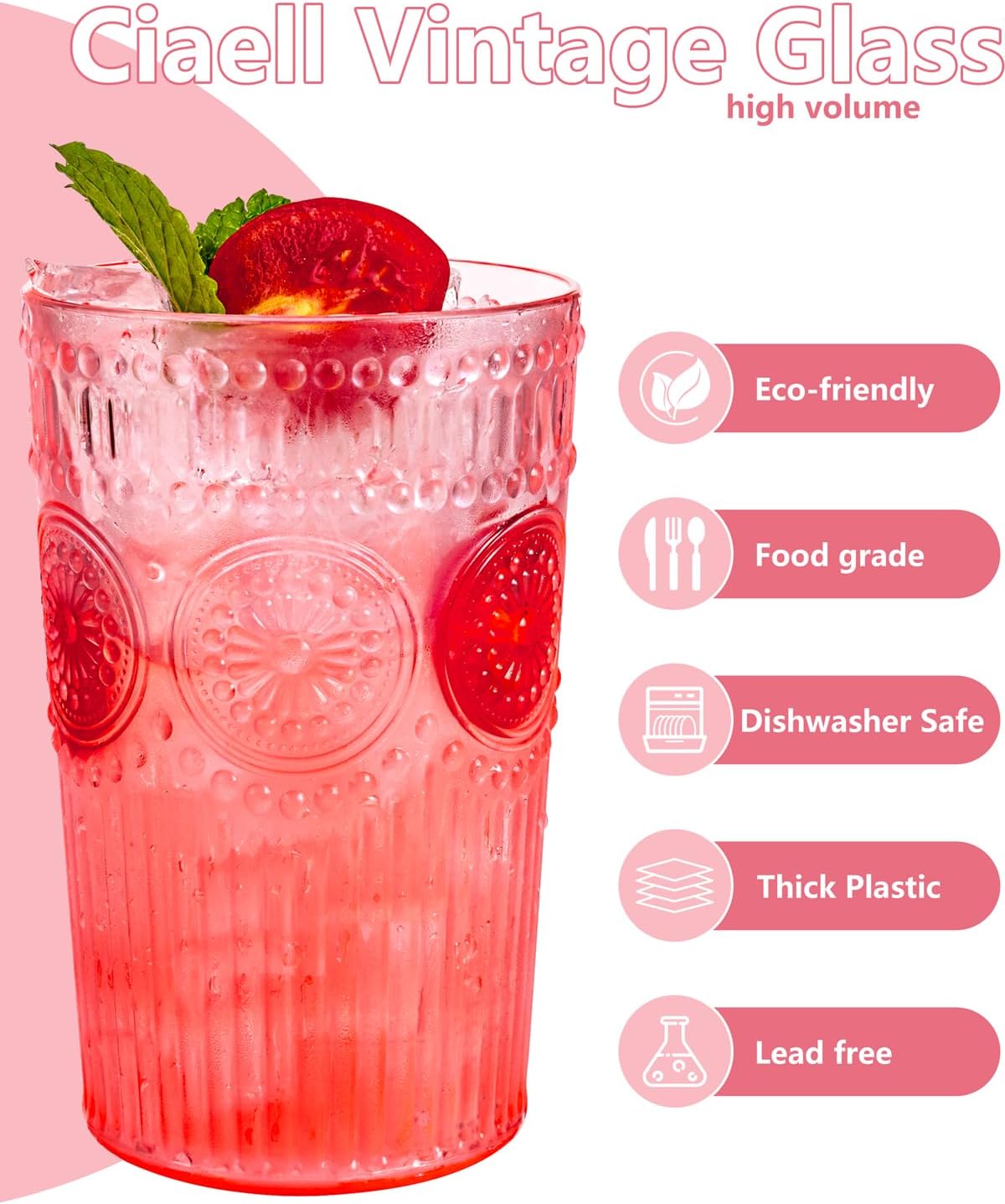 Ciaell 12 Pack Romantic Plastic Water Glasses - 14 Oz Pink Vintage Drinking Glasses, Embossed Ribbed Plastic Cups, Textured Striped Set for Juice, Beverages, Beer, Cocktail