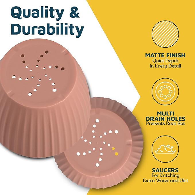 Pink 6-Inch Plant Pots with Drainage & Saucers 12 Pack, Indoor & Outdoor Planters for Houseplants, Herbs, and Flowers, Durable & Weatherproof Material, Stackable, Lightweight, Minimalist Design