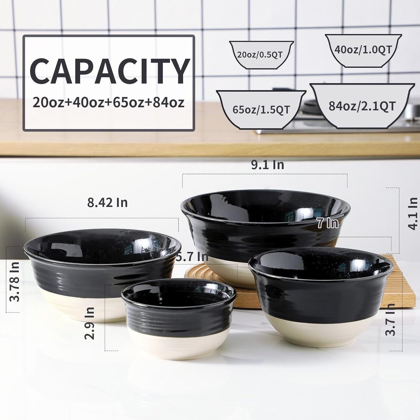 HASENSE Large Ceramic Mixing Bowls, 2.1/1.5/1.0/0.5 Qt Serving Bowls for Kitchen, Nesting Salad Bowls Set for Mixing, Cooking, Baking, Fruit, Side Dishes, Holiday Serving Dishes, Set of 4, Black