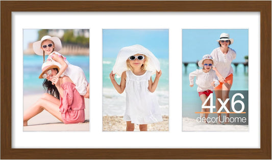 decorUhome 8x14 Picture Frames Collage Wall Decor, Display 3Pcs 4x6 Photos with Mat or 1Pcs 8x14 Unmatted, 3 4x6 Collage Picture Frames for Wall Mounting, Brown