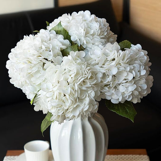 4PCS Artificial Flowers Large Hydrangeas Flowers Latex Bouquet for Wedding Bridal Office Home Party Decoration (4Pcs White)