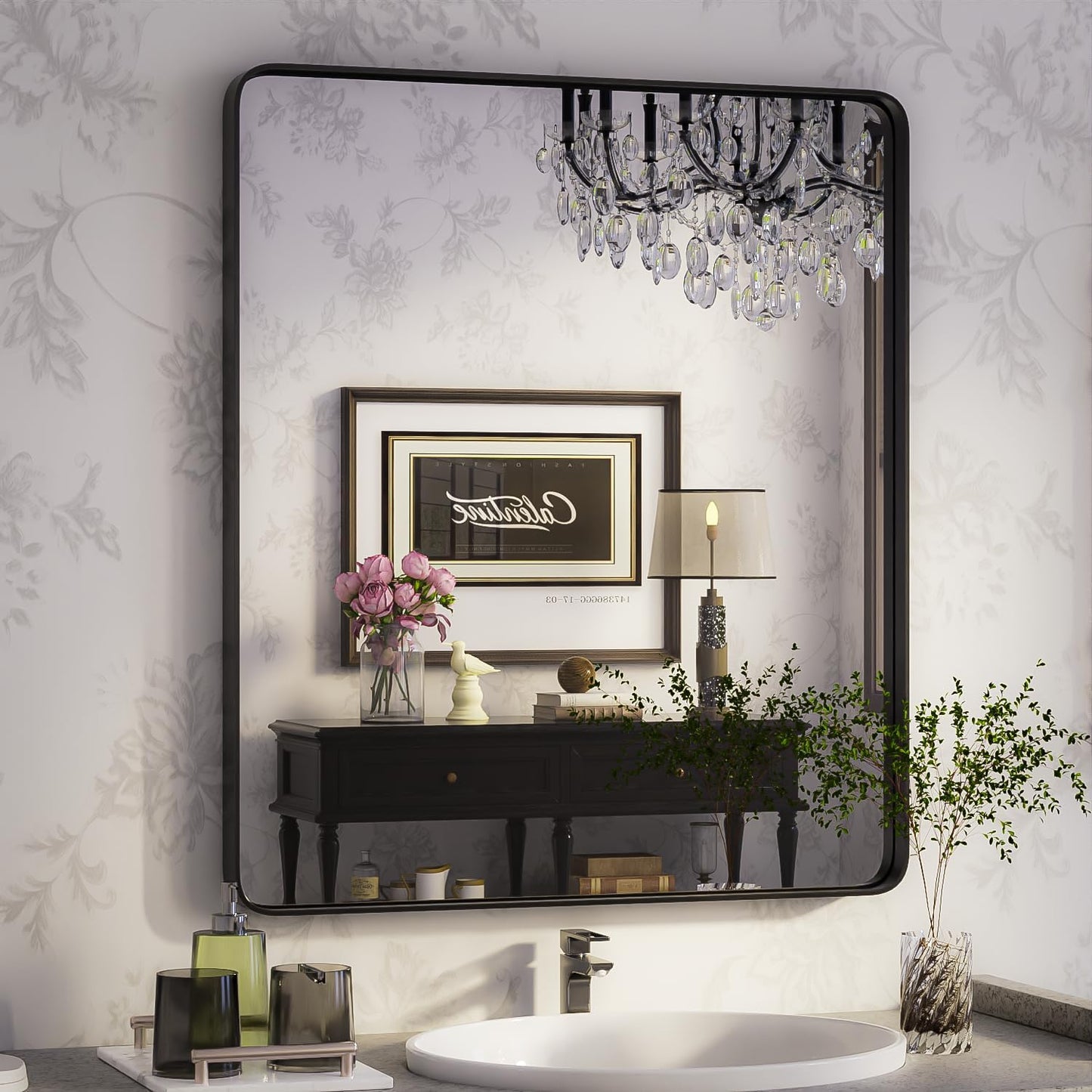 ISKM Wall Framed Mirror for Bathroom 28" x 36" Rectangular Hanging Mirror Farmhouse Wall Mounted Mirror Tempered Glass