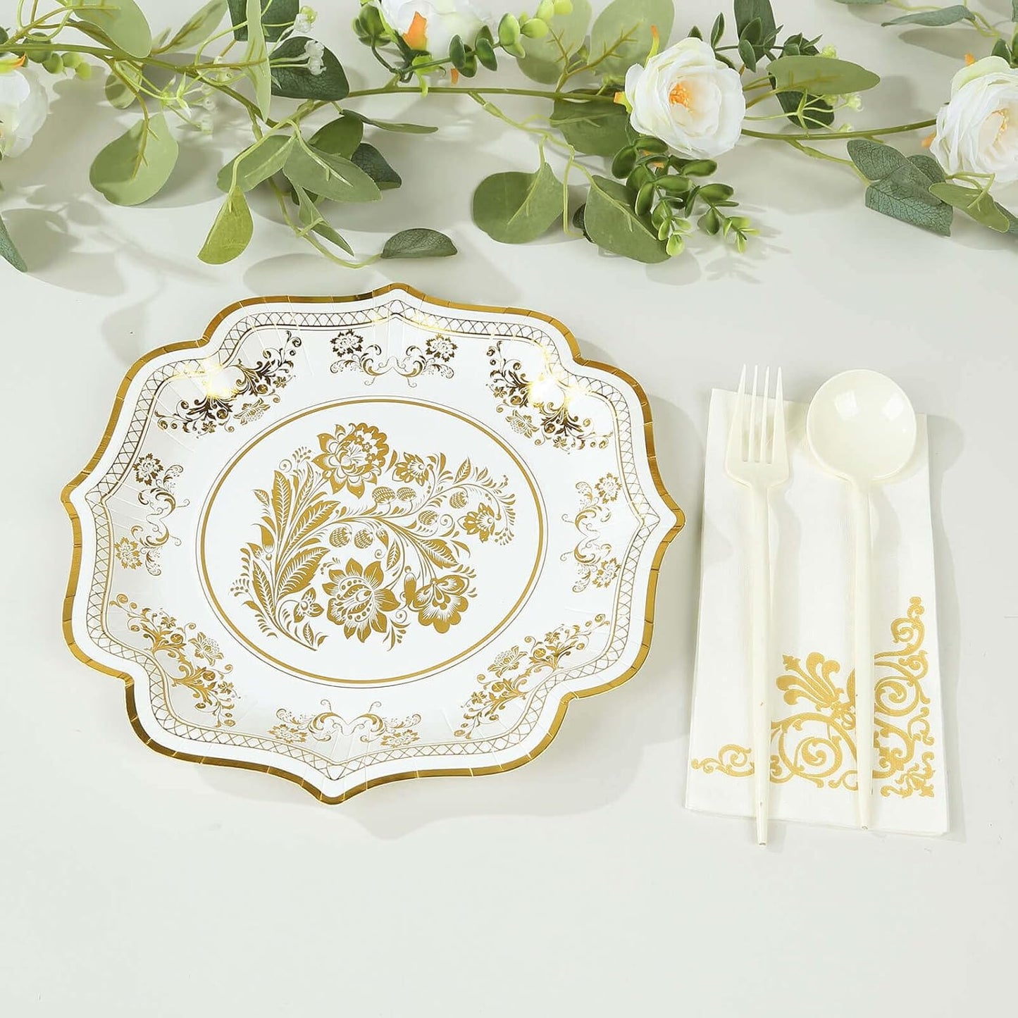 Efavormart 25 Pack White Gold Paper Dinner Plates in French Toile Floral Pattern, 10" Disposable Party Plates with Scalloped Rims - 300 GSM
