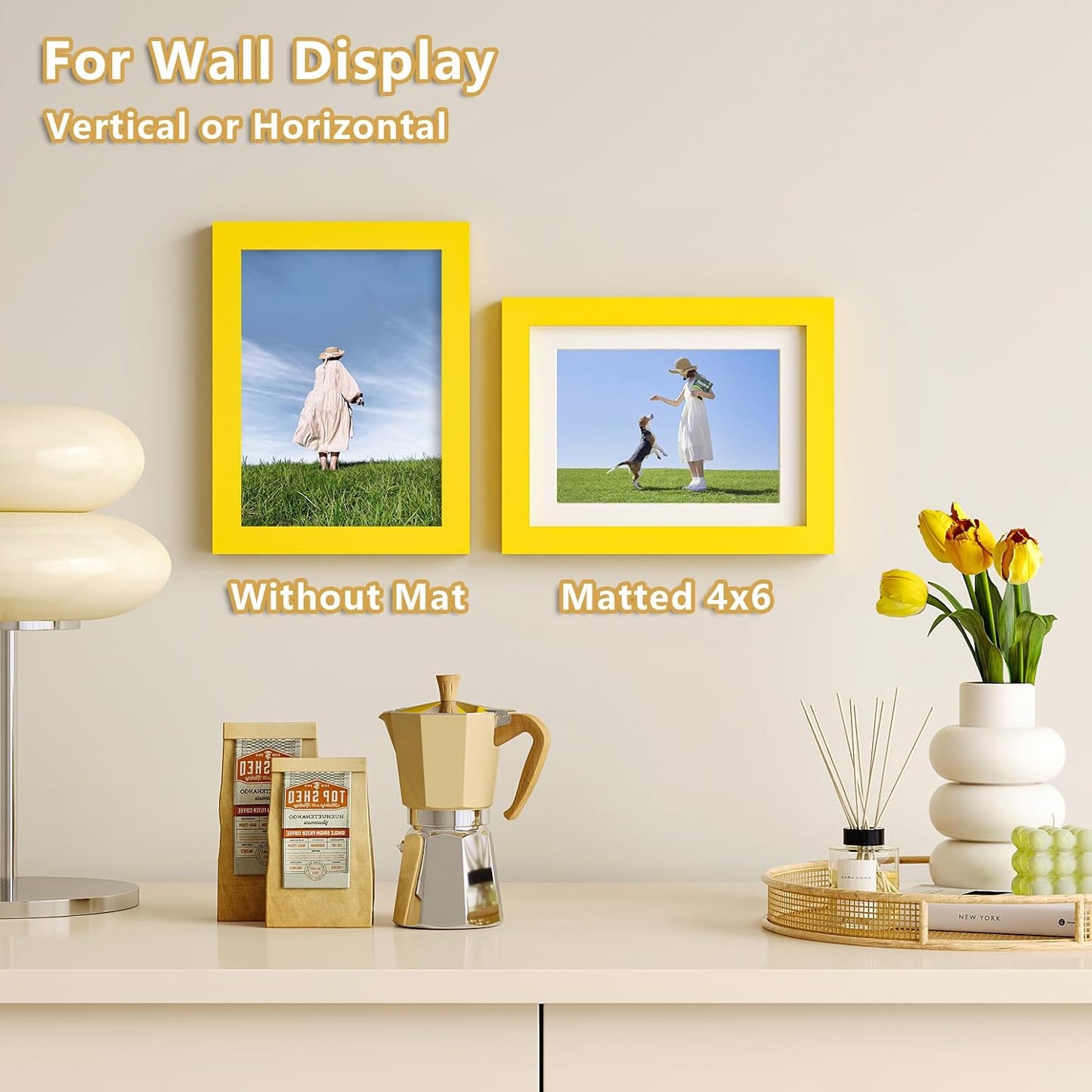 KINLINK 6x8 Picture Frames Yellow, Solid Wood Frames with Acrylic Plexiglass for Pictures 4x6 with Mat or 6x8 without Mat, Tabletop and Wall Display Photo Frame, Set of 4