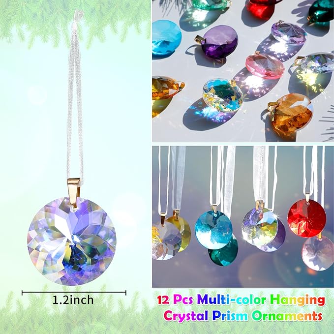 Worgree Crystal Christmas Ornaments Set, 16 Pcs Mini Colorful Crystal Glass Christmas Balls Ornaments for Xmas Tree Decorations Decorative Hanging Crystals Prism Ornaments for Wedding Party Home Decor