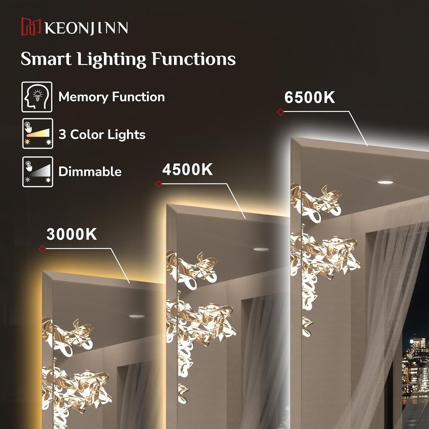 Keonjinn 55 x 30 Inch Backlit Bathroom Mirror with Lights, Beveled Large Lighted Vanity Mirror for Wall, HD Tempered Glass, Safe Defogging, UL-Listed, 3000K/4500K/6500K, Big Frameless LED Mirror