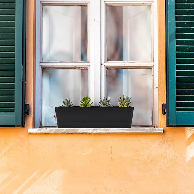 GREANER 16x3.8 Inch Herb Window Boxes 1PCS, Black Planter with Removable Trays and Drainage Holes, Succulent Flower Rectangular Plastic Pot for Balcony, Office, Windowsill, Garden, Indoor Outdoor Use