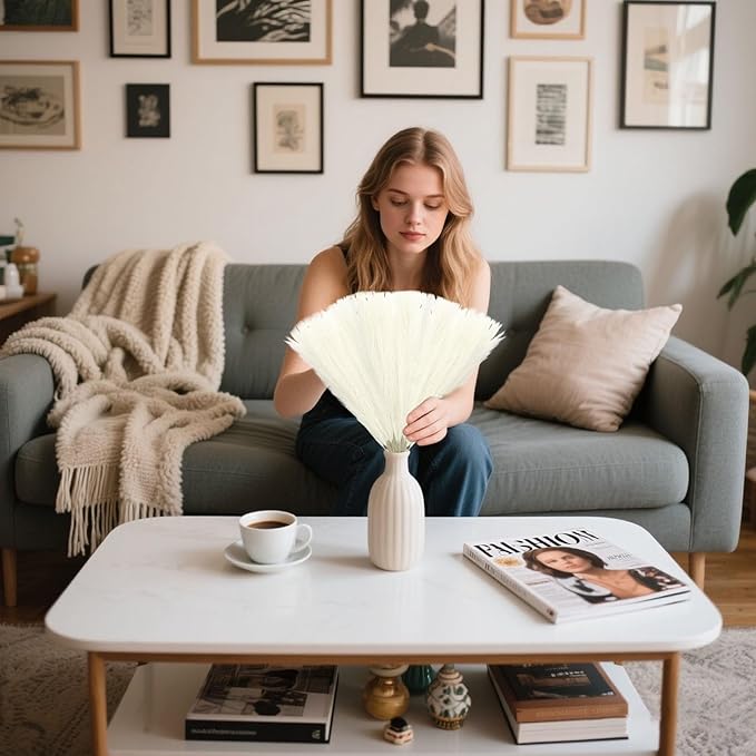 30 Pcs Ivory Faux Pampas Grass, 17 Inches Artificial Pampas Grass Bulk, Short Fluffy Faux Pompas for Vase Filler, Home Boho, Wedding Anniversaries, Baby Shower Decoration