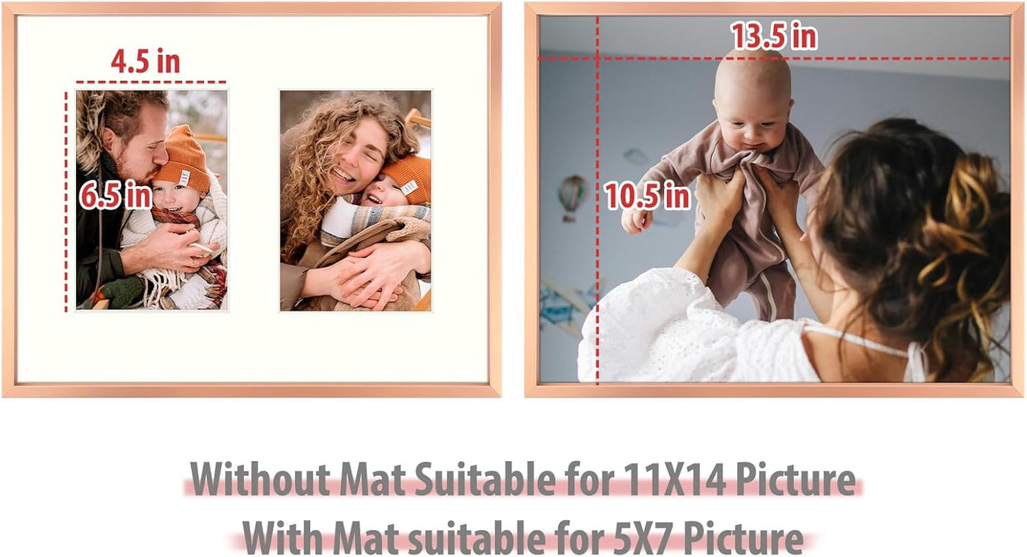 Frametory - 11x14 Aluminum Collage Picture Frame - Display 5x7 Pictures with 2 Openings Mat - Real Glass Front - Horizontal/Vertical Wall Mount - Rose Gold 1 Pack