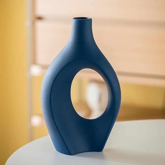 Snuggle Hollow Ceramic Vase Set of 2, 11Inch Nordic Modern Boho ins Style Decorative Ceramic Aesthetic Flower Vases for Home Decor Living Room Shelf Table Decorative (Matte Navy Blue)