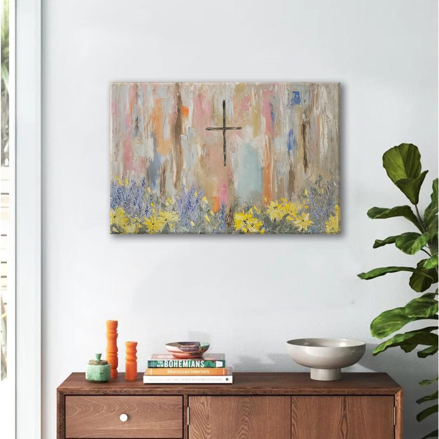 Framed Cross Flower Wall Art Christian Floral Oil Painting Canvas Prints Abstract Religious Posters Church Graffiti Pictures Wall Decor Ready To Hang (12x16in Framed)